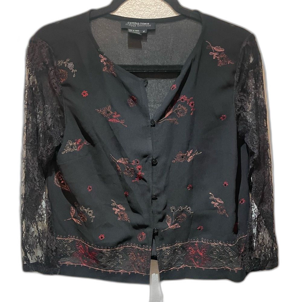 Cynthia Howie Y2K sheer floral lace button-down top size 8 black